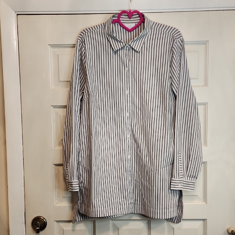 J JILL Womens Classic Vertical Stripe Long Sleeve Button-Up Shirt White & Navy